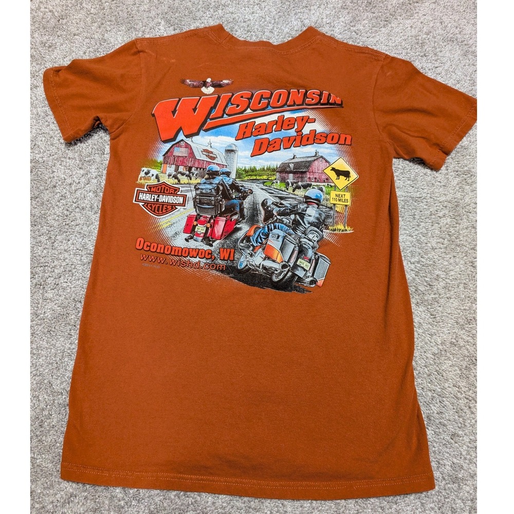 Harley-Davidson T-Shirt Womens Small Orange Wisconsin Oconomowoc Graphic Biker